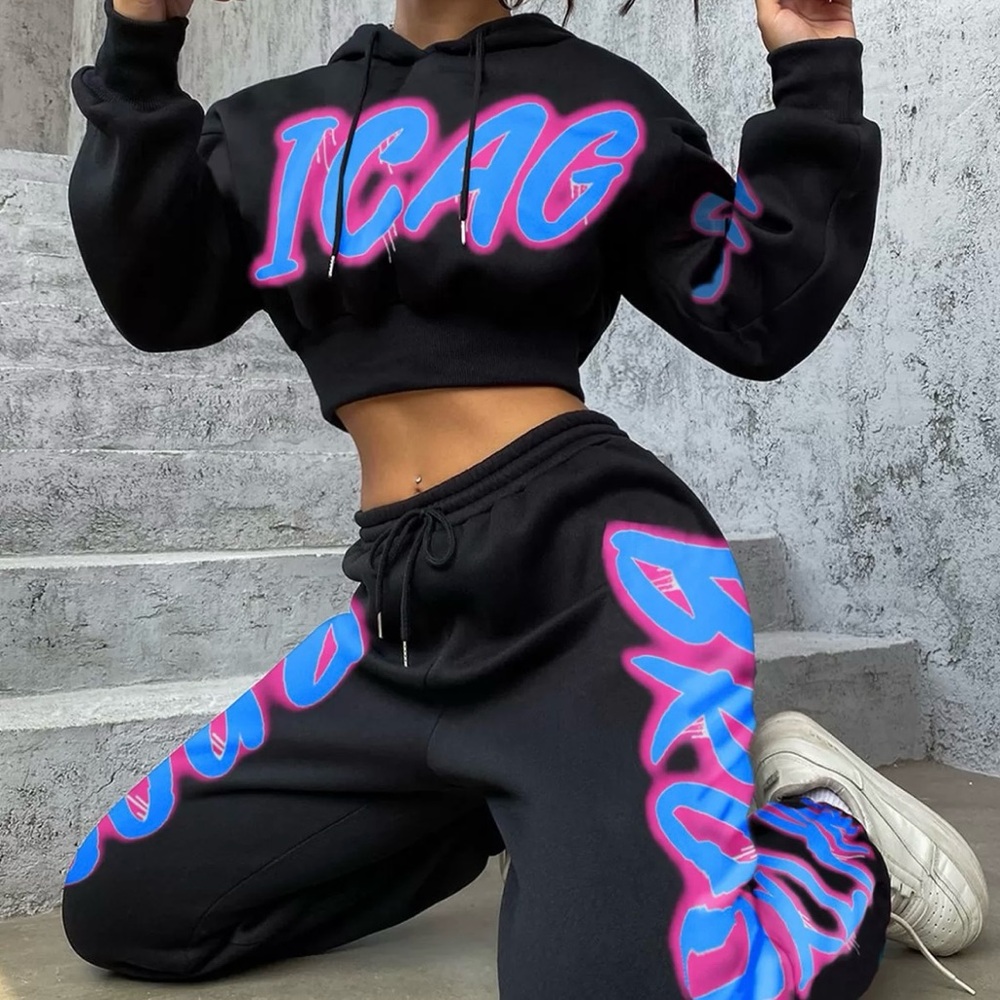 Graphic Long Sleeves Crop Hoodie & Graphic Fabric Drawstring Waist Sweatpants